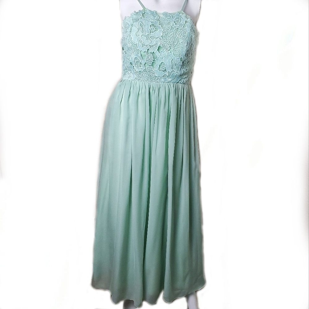 Mint Green Halter Lace Prom Long Dress